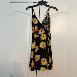 Forever 21 Small Floral Black and Yellow Wrap Dress